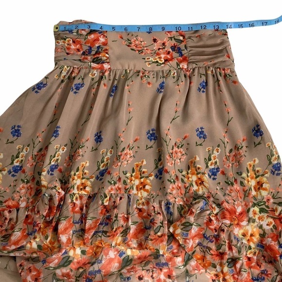 MILLAU Tan Multicolored Floral Print High Low Asymmetrical Ruffled Skirt - Picture 6 of 14